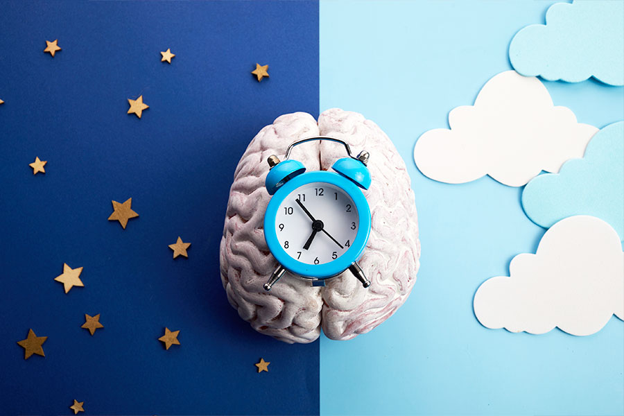 Brain and clock depicted over both daytime and nighttime skies